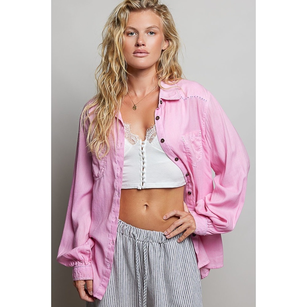 POL Washed Textured Cotton Western Button Front Shirt - Candy Pink - Large - Picture 4 of 6
